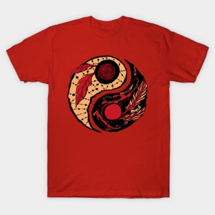 Red and Cream Feathers Yin Yang T-Shirt